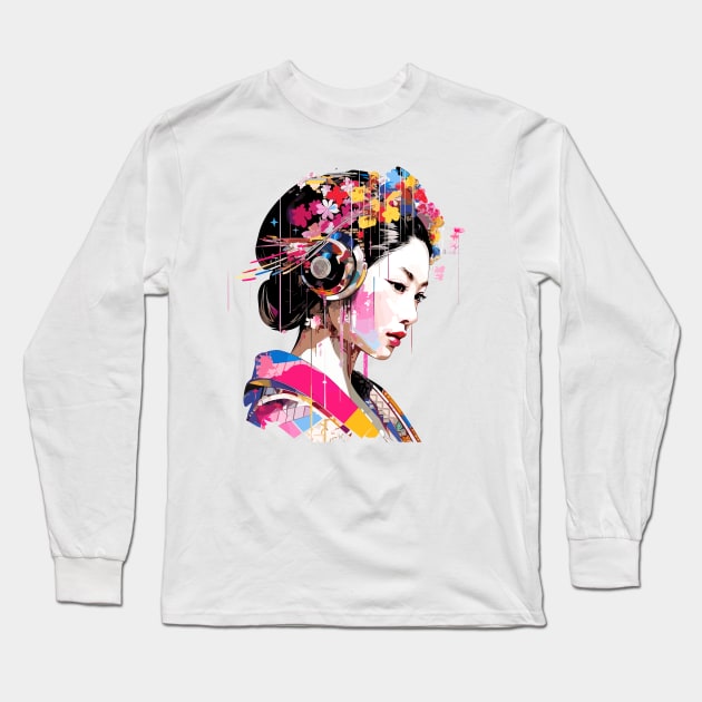 Japanese Woman Portrait Geisha Tradition Culture Abstract Long Sleeve T-Shirt by Cubebox